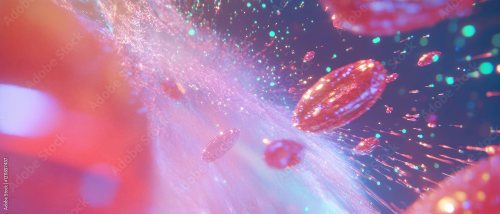 Poster Abstract visualization of flowing particles navigating a blockchain-themed background