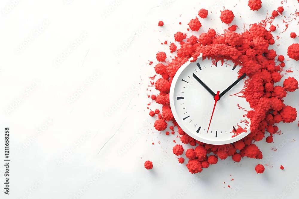 Poster vibrant red bacteria with embedded clock hands in minimalistic composition