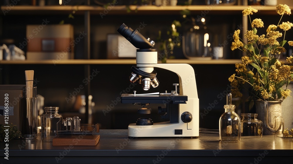 Poster A high-quality microscope bathed in soft light, emphasizing its scientific details and creating a refined, precise atmosphere.