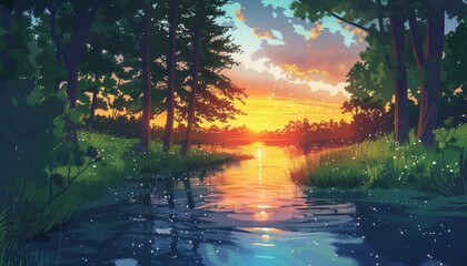 A serene sunset over a calm river flowing through a lush green forest.  The setting sun casts a warm glow on the water, creating a peaceful and tranquil scene.