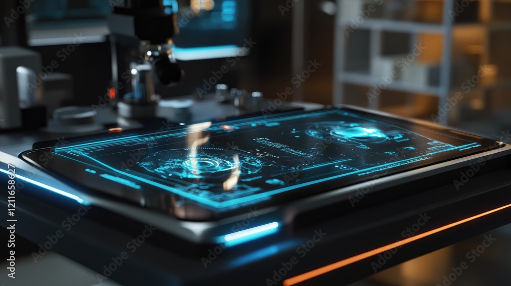 Poster a high-tech digital microscope featuring dynamic holographic displays, highlighting innovation in mo