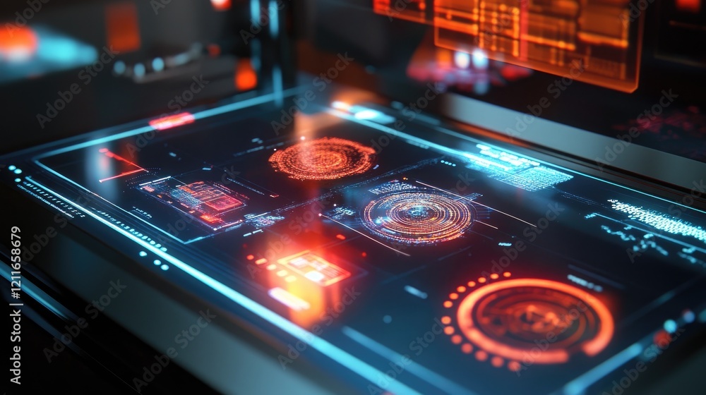 Poster a high-tech digital microscope featuring dynamic holographic displays, highlighting innovation in mo