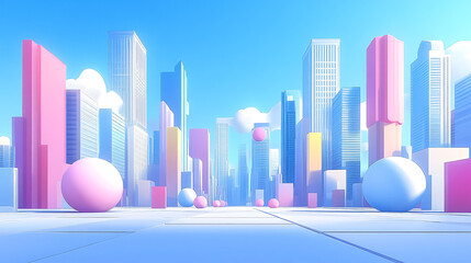 City skyline with numerous buildings featuring pink and blue hues during sunset