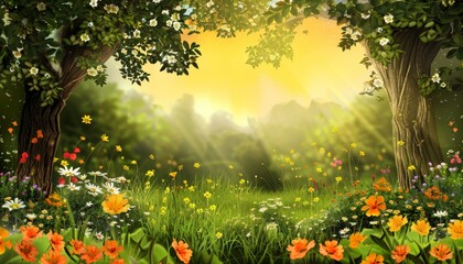 A lush green meadow filled with wildflowers and two trees framing a bright sunrise.