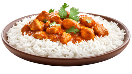 Delicious butter chicken curry with rice in a bowl, isolated on transparent background.