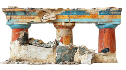 Ancient colorful columns remain standing at a historical archaeological site isolated on transparent background