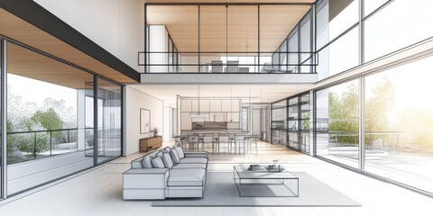 Fototapeta premium Modern Home Architectural Design Sketch Showing Interior Living Space