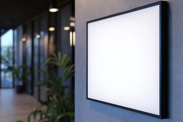 Blank illuminated sign on modern office wall.