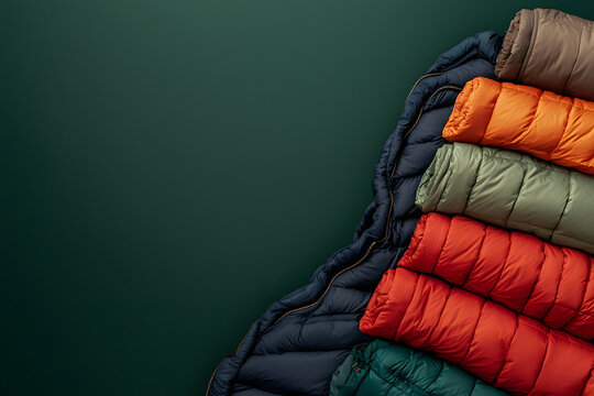 Pile of winter like puffer jacket, sweater and scarf isolated on dark green background with copy space for your text or product mockup design concept.