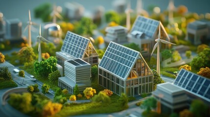 Fototapeta premium A miniature futuristic industrial city model, complete with solar panels, wind turbines, and futuristic architecture, highlighting sustainable energy production.