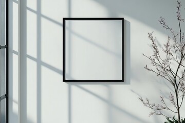Minimalist interior with empty black frame on white wall, sunlight, and branch.