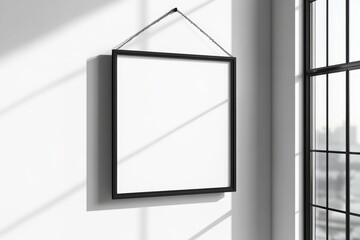 Blank square frame hanging on white wall near window.