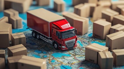 A miniature red truck positioned on a stylized map, surrounded by cardboard boxes, symbolizing logistics, transport, and efficient supply chain management.