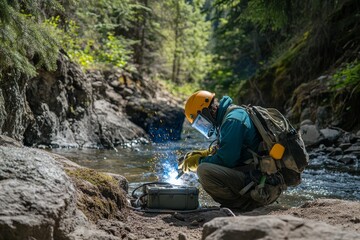 A welder works by a river in a forest, wearing safety gear.