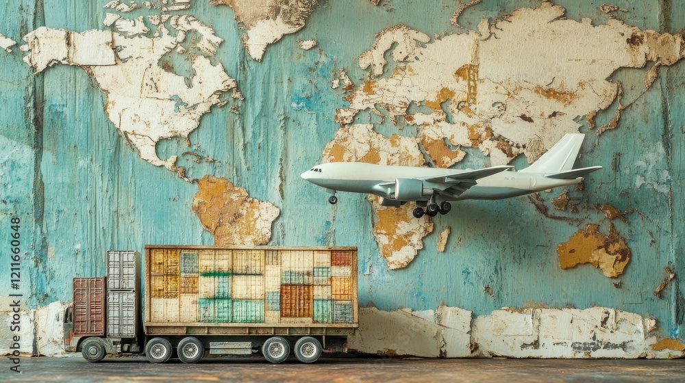 Poster a miniature truck and airplane with a backdrop of stacked containers and a world map, symbolizing th