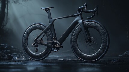 Sleek black carbon fiber road bike with wide tires, positioned on a dark, wet road in a mysterious forest setting.