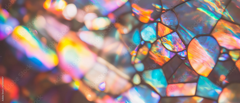Poster Intricate patterns of rainbow stained glass create a captivating abstract background