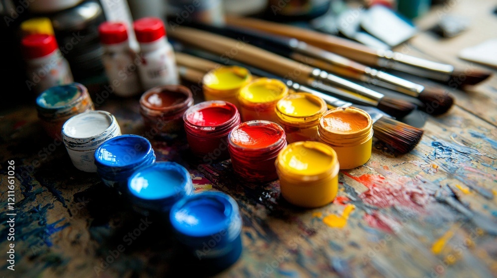 Aufkleber a colorful array of paint pots and brushes sprawls across a wooden table, inviting artistic expressi