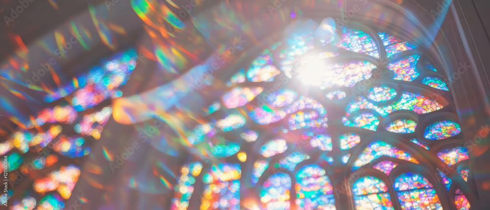 Poster intricate rainbow stained glass patterns illuminating a sacred space with vibrant colors