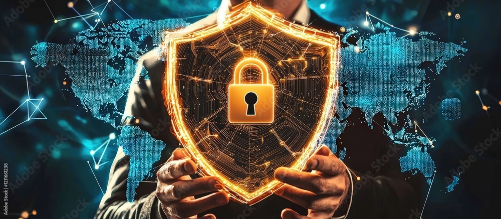 Poster golden shield with lock symbol against world map background