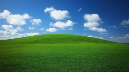 Fototapeta premium A vibrant green grassy field under a clear blue sky with fluffy white clouds, captured in high definition to showcase the natural beauty and serene atmosphere