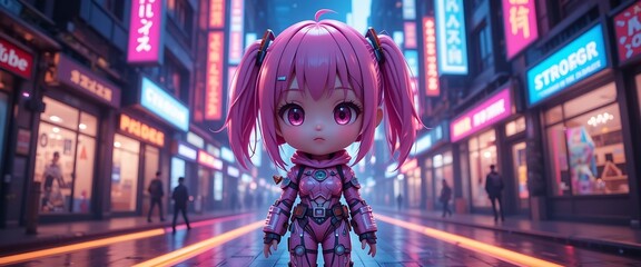Obraz premium Pink Anime Girl in Cyberpunk City Night Scene