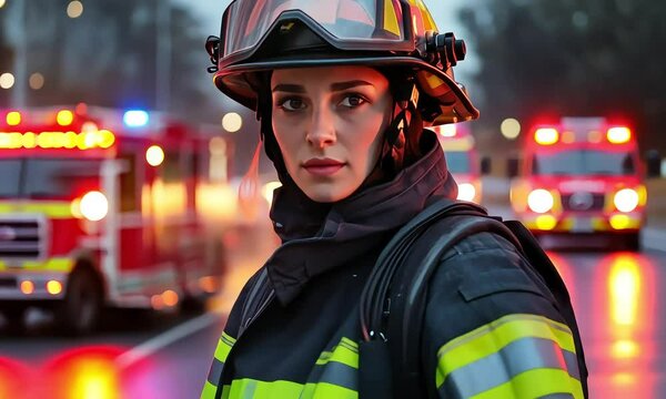 Courageous woman firefighter in action during emergency response with fire trucks illuminating the night scene and showcasing commitment to public safety and community service