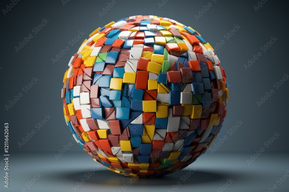 Poster multicolored sphere rotating, made of reflective fragments, creating a visually captivating abstract