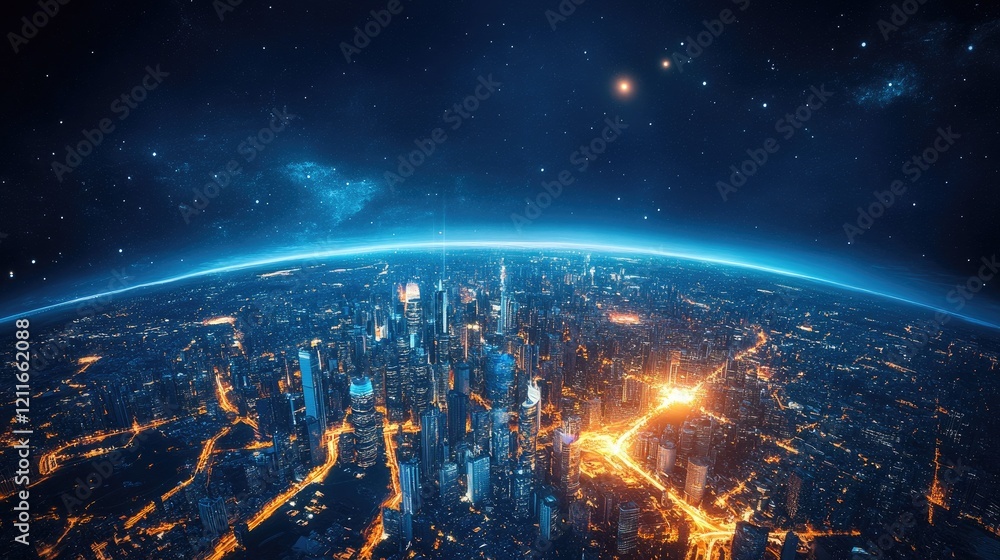 Poster a modern metropolis of neon-lit skyscrapers rises above a glowing earth, highlighting the forward-th