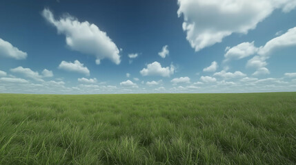 A vibrant green grassy field under a clear blue sky with fluffy white clouds, captured in high definition to showcase the natural beauty and serene atmosphere