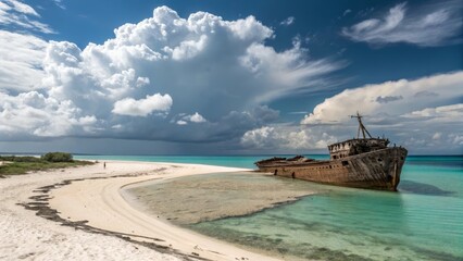 Photorealistic coastal scene with massive old wooden shipwreck on sandbar, pristine turquoise water, white sandy beach, calm ocean, bright sky with fluffy clouds, serene dramatic atmosphere