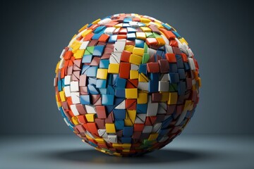 Multicolored sphere rotating, made of reflective fragments, creating a visually captivating abstract on a gradient background