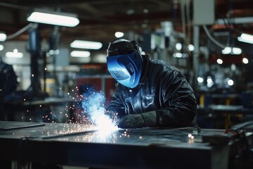 Welder using arc welding torch on metal in industrial workshop.