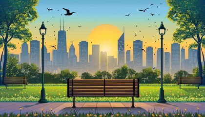 Naklejka premium A wooden bench sits in a park with a city skyline and sunrise in the background.