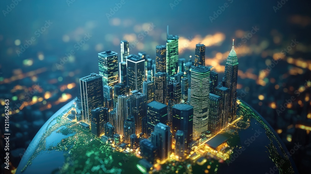 Poster a modern metropolis with neon-lit skyscrapers floating above a glowing earth, emphasizing futuristic