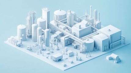 A modern white paper cutout-style depiction of an industrial plant, workers, and equipment in an isometric perspective, against a cool light blue backdrop.