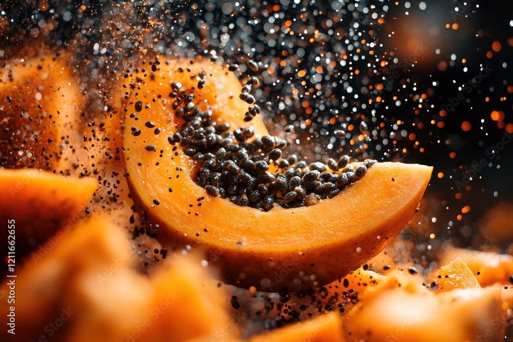 Poster vibrant papaya fruit with seeds exploding in a splash of water droplets, creating a dynamic and deli