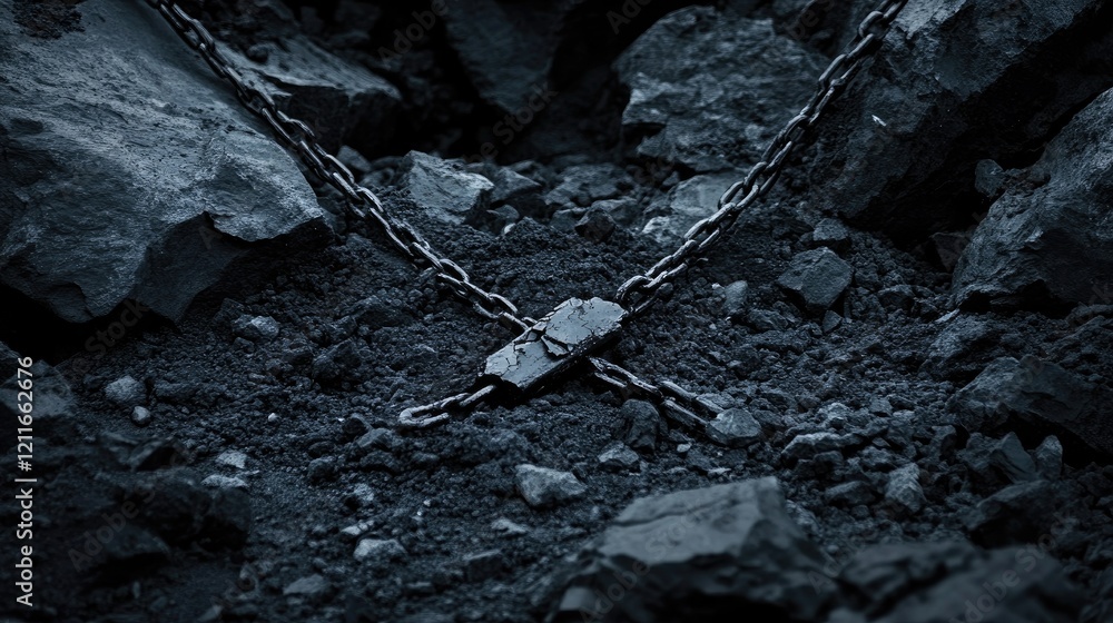 Poster a moody shot of a broken chain on dark gray rocks, with a dark background, representing a broken lin