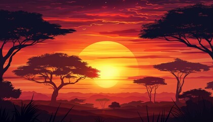 A vibrant sunset over the African savanna with silhouetted trees and rolling hills.