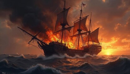 Obraz premium Burning Galleon at Sunset: A Dramatic Seascape