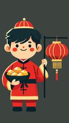 A boy in traditional Chinese attire holding red lanterns or gold ingots