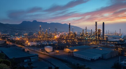 Obraz premium Dusk view of an illuminated industrial refinery complex against a mountain backdrop.