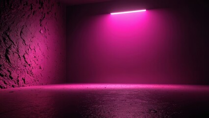Dark room with pink neon light, textured walls, and empty floor, creating a moody atmosphere
