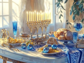 festive hanukkah table blue white candles creating ambiance