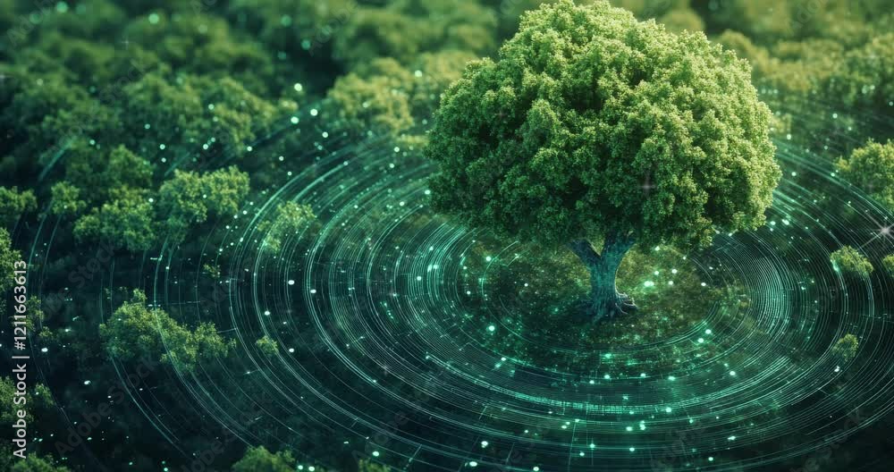 Poster technology concept. eco friendly tech. green tree on computer chip. green ecology. environmental tec