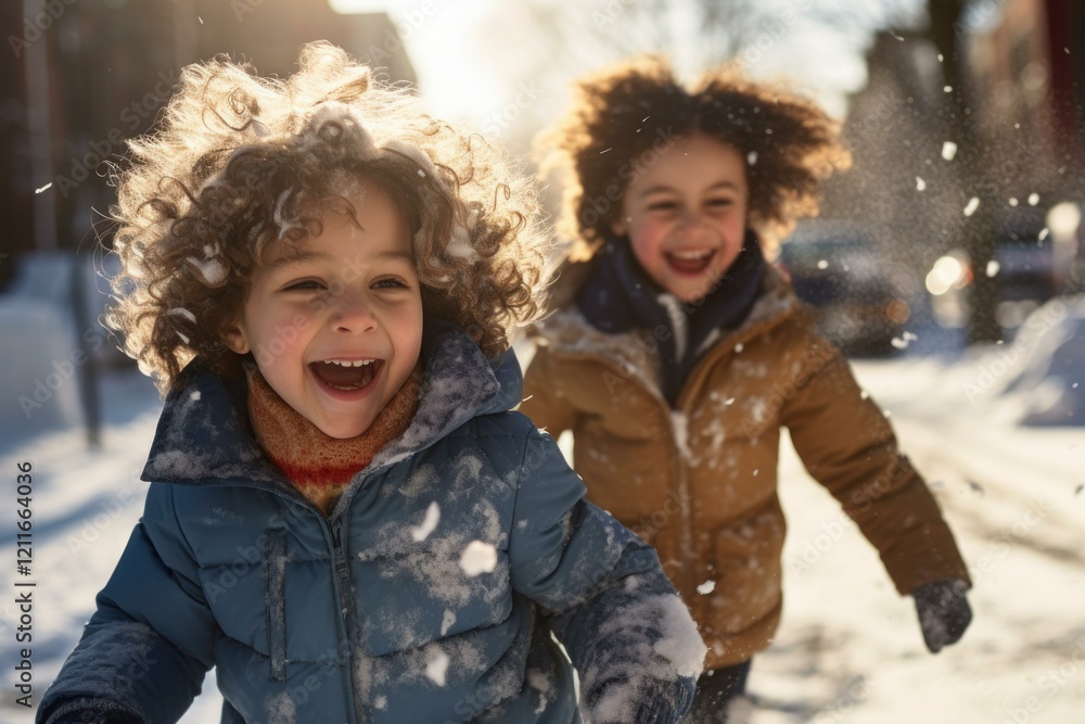 Wall mural Two joyful children with winter coats running and having fun on a snowy street