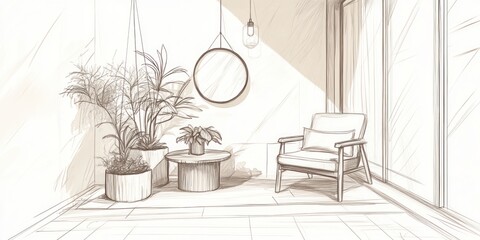 Fototapeta premium Serene Balcony Sketch Featuring Plants Chair and Light