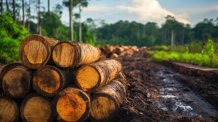 A peaceful image showcasing a rainforest preserved through sustainable resource management and eco-friendly logging practices, with space for text