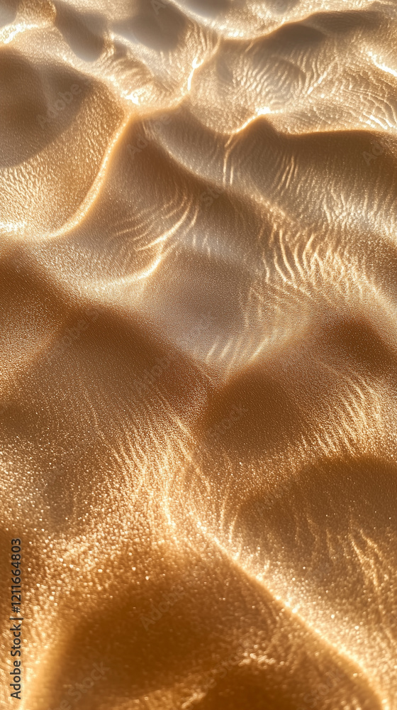 Aufkleber rippled sand dunes with fine grains, illuminated by soft golden light, creating a pattern of light a