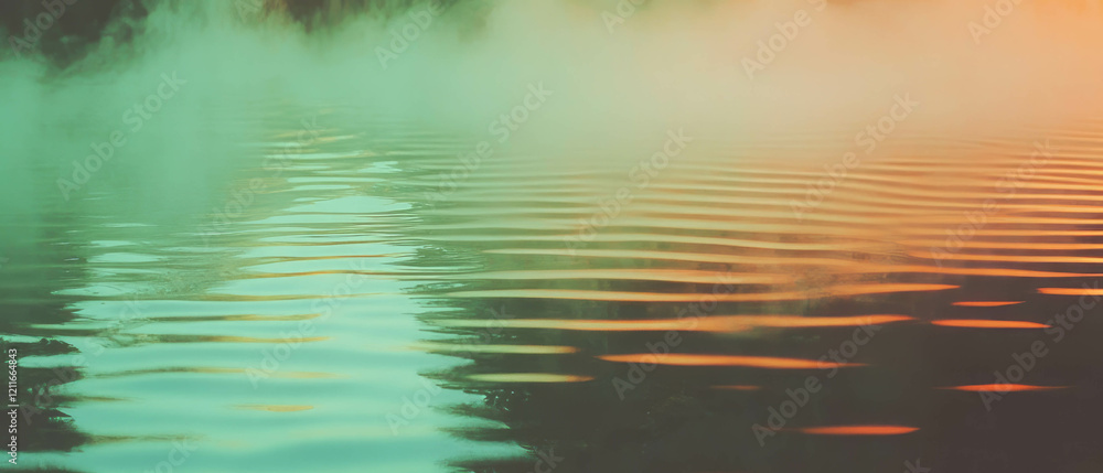 Poster Vibrant ripples on water with fog creating a mysterious atmosphere in a serene setting